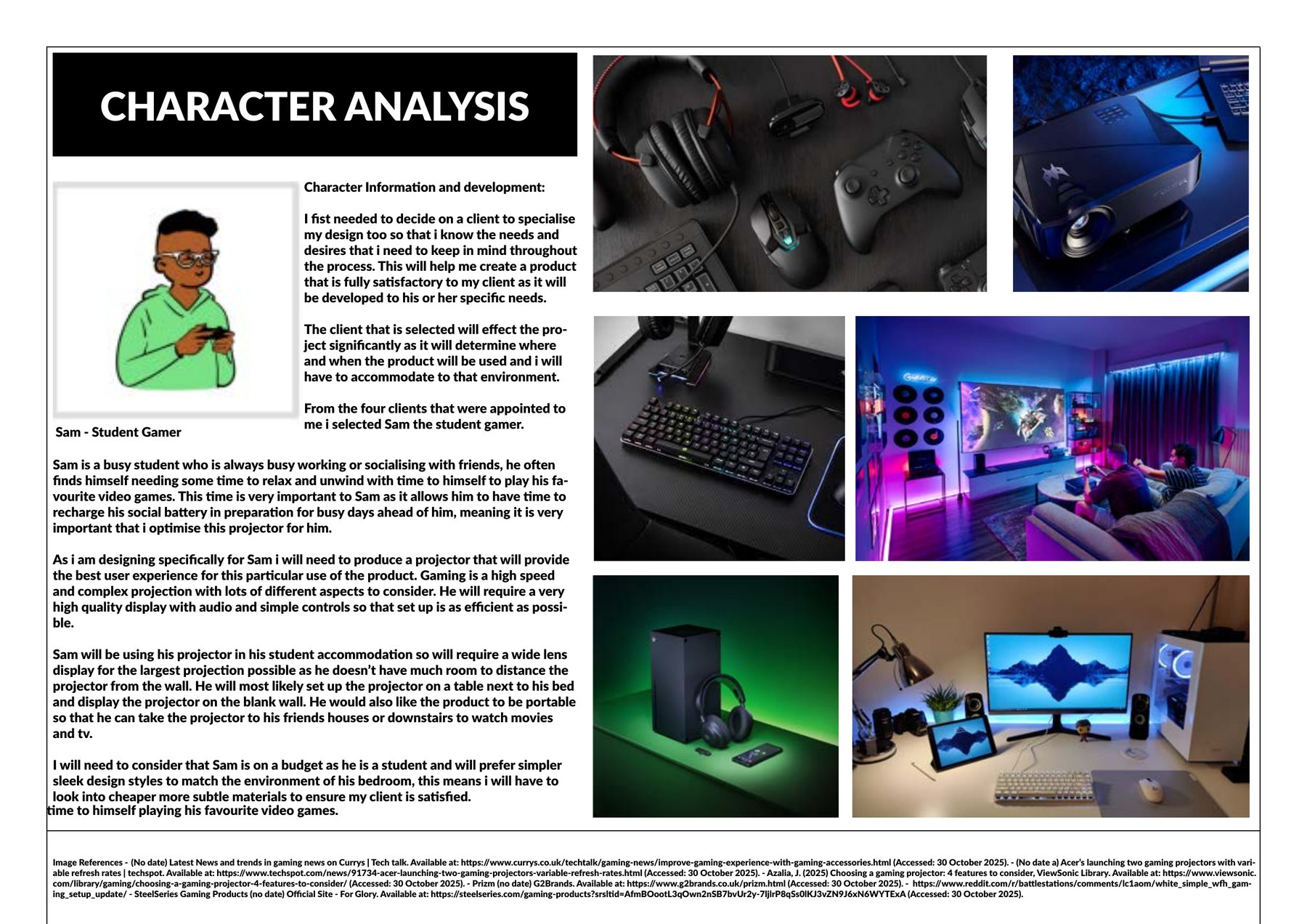 Full page: character analysis of Sam, the student gamer persona