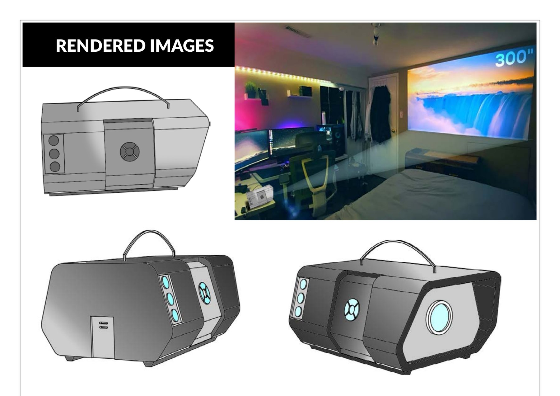 Full page: final rendered images of the projector
