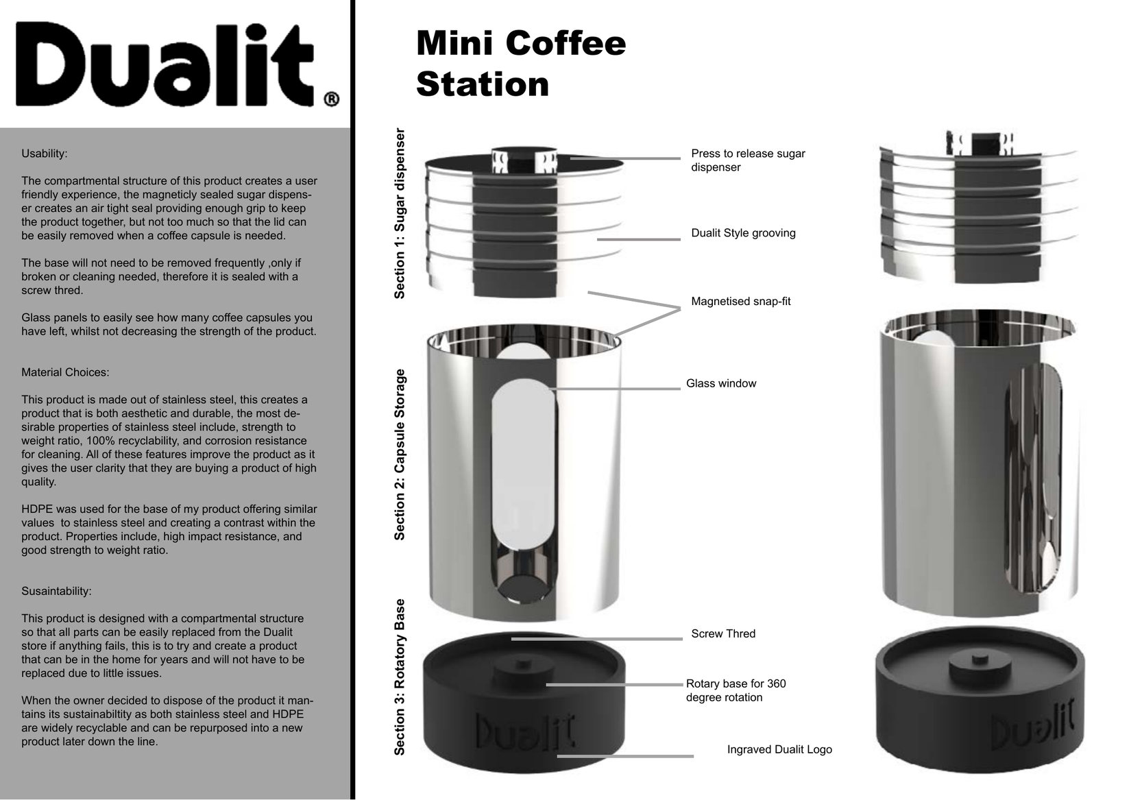 Annotated general arrangements calling out sugar dispenser, capsule storage and rotary base