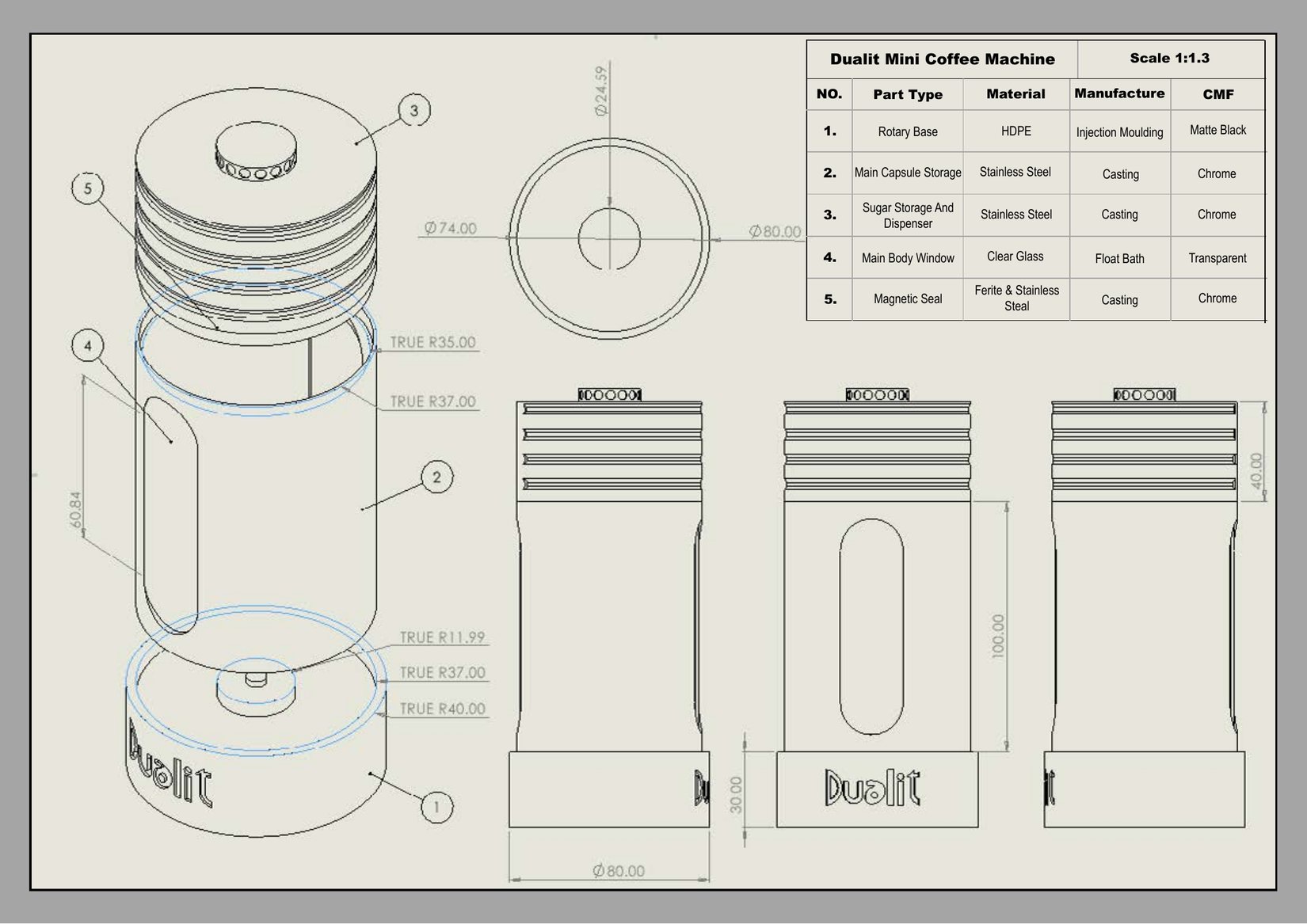 Dimensioned parts drawing with materials and manufacture table