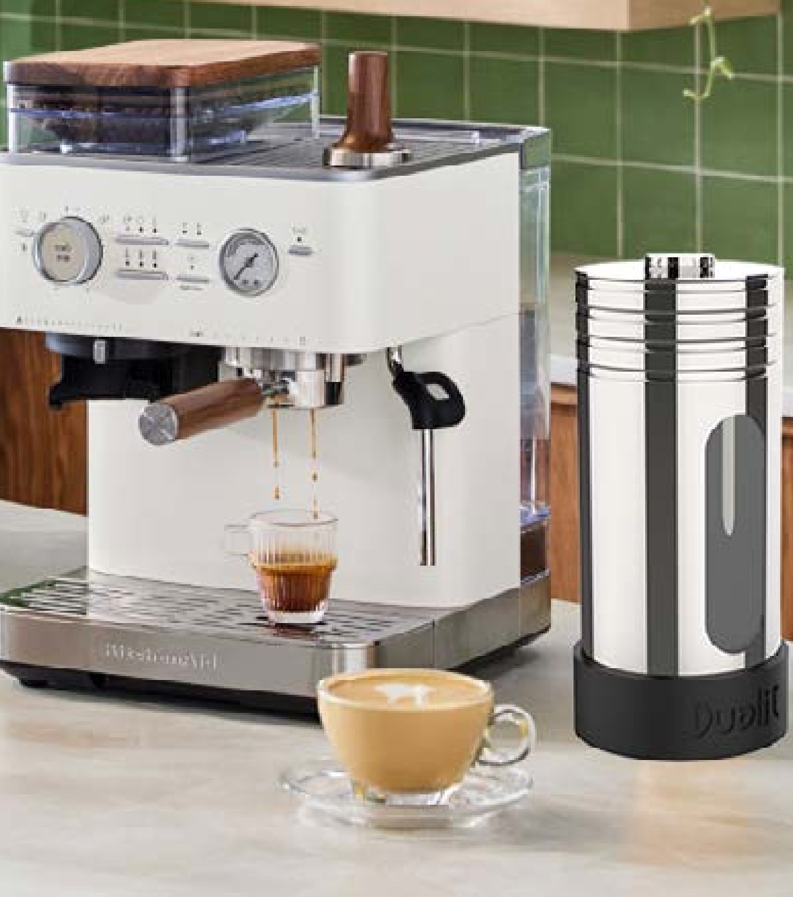 Coffee station rendered next to a white Dualit espresso machine in a kitchen