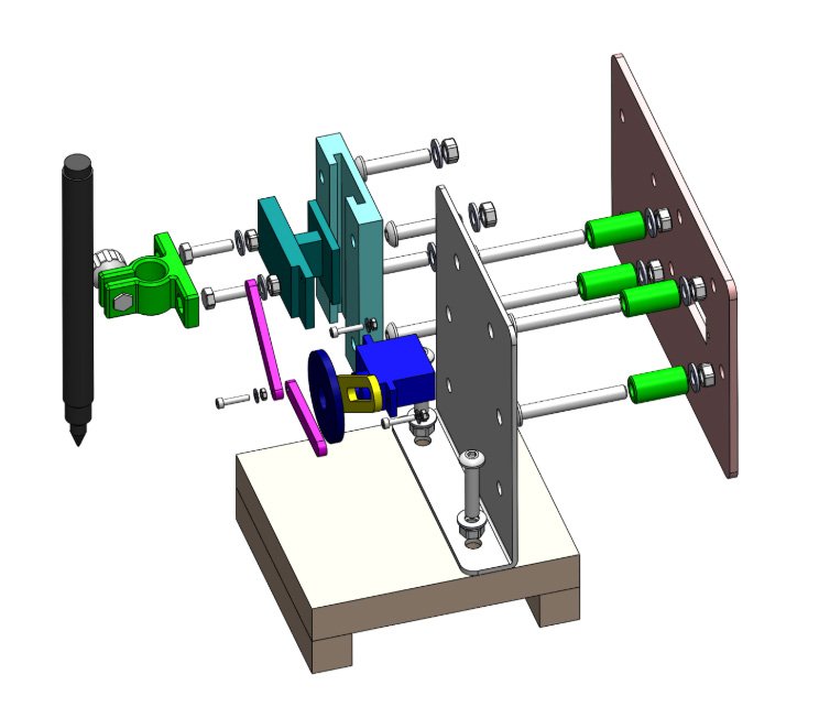 Exploded CAD render showing every component of the mechanism